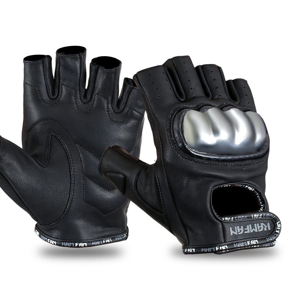 Half-finger Black and sliver Motorbike leather Gloves