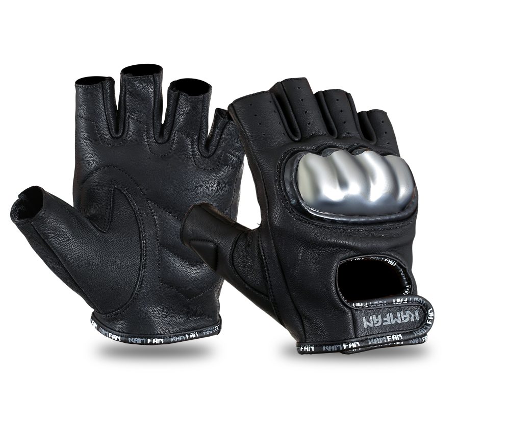 Half-finger Black and sliver Motorbike leather Gloves